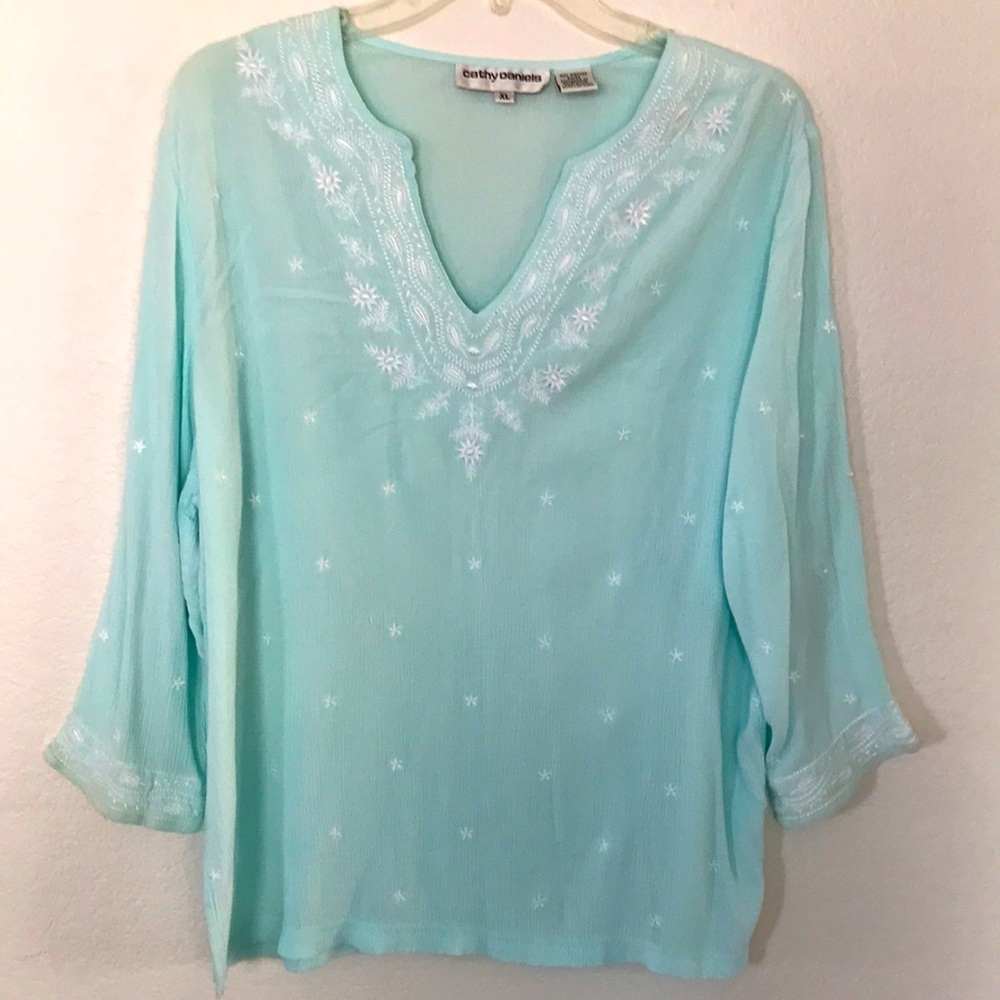 CATHY DANIELS BLOUSE SIZE LARGE PRETTY PASTEL TEAL COLOR